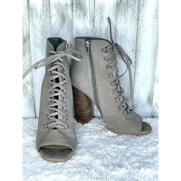 Steve Madden Freemee Lace Up Nubuck Leather Peep-Toe Booties Gray Size 7 - Picture 1 of 8